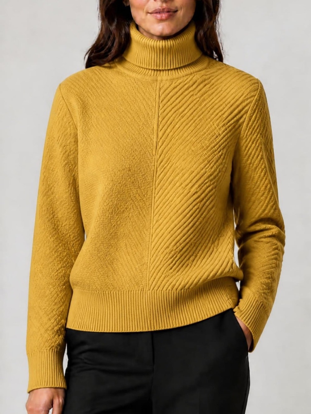 Cozy Diagonal Rib Turtleneck Sweater - Mustard NEW
